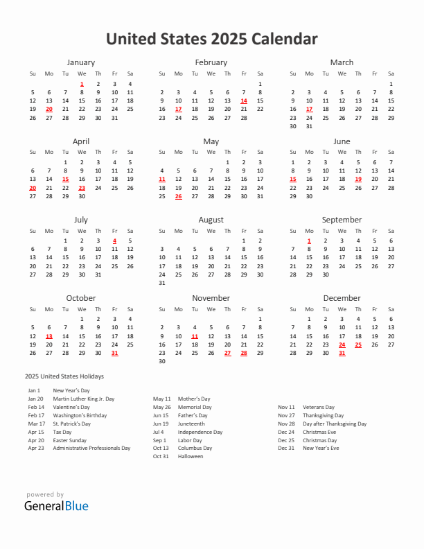 2025 Yearly Calendar Printable With United States Holidays