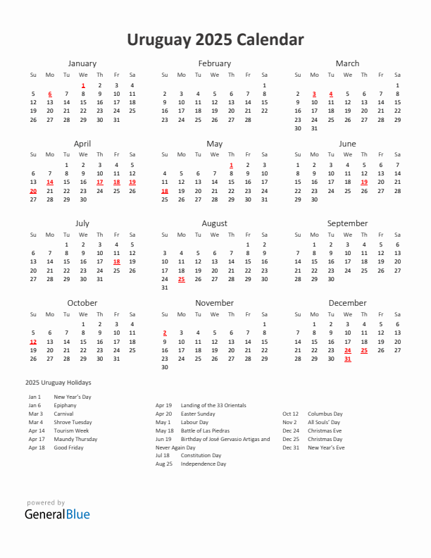 2025 Yearly Calendar Printable With Uruguay Holidays