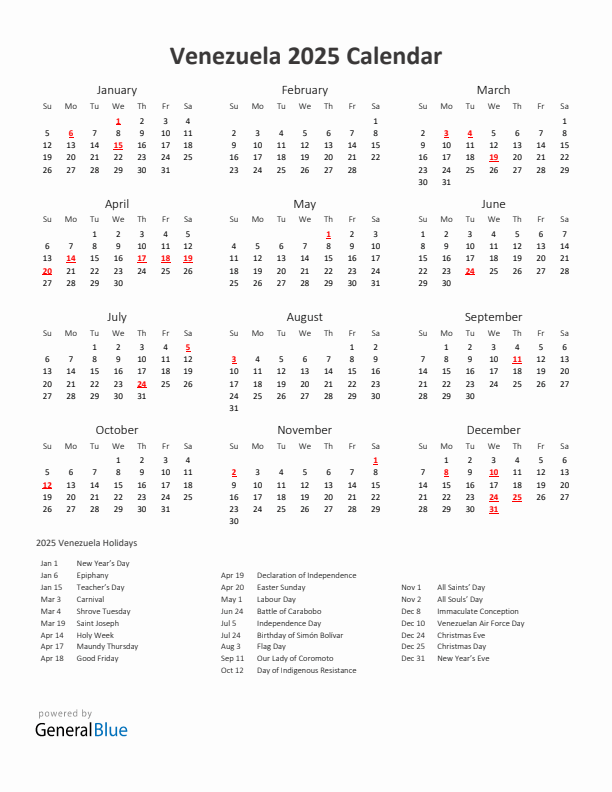 2025 Yearly Calendar Printable With Venezuela Holidays