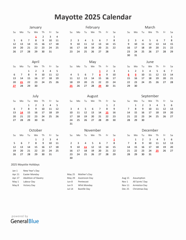 2025 Yearly Calendar Printable With Mayotte Holidays