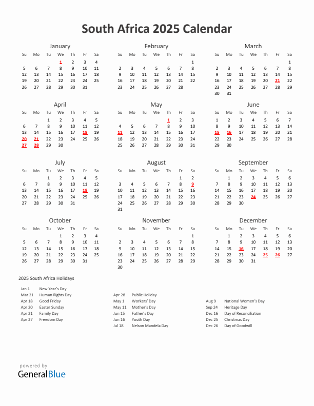 2025 Yearly Calendar Printable With South Africa Holidays