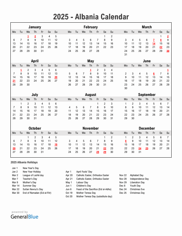 Year 2025 Simple Calendar With Holidays in Albania