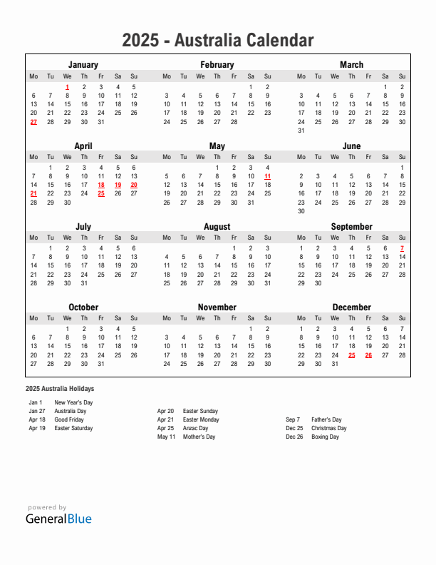 Year 2025 Simple Calendar With Holidays in Australia