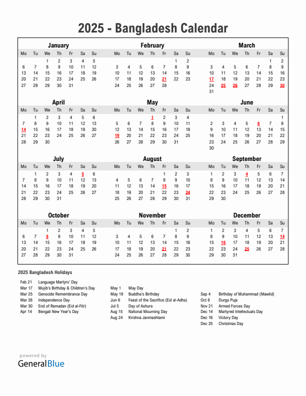 Year 2025 Simple Calendar With Holidays in Bangladesh