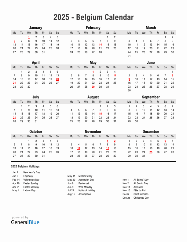 Year 2025 Simple Calendar With Holidays in Belgium