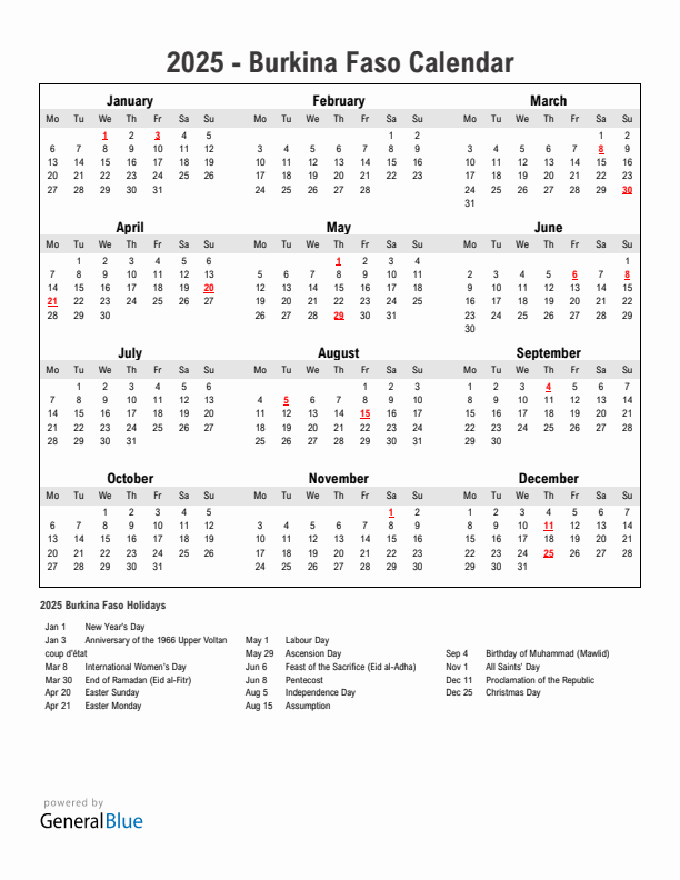 Year 2025 Simple Calendar With Holidays in Burkina Faso