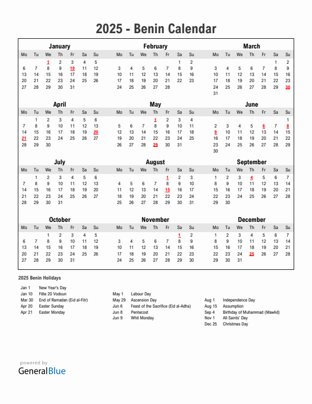 Year 2025 Simple Calendar With Holidays in Benin