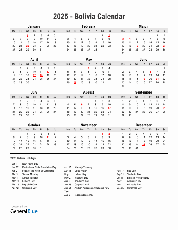 Year 2025 Simple Calendar With Holidays in Bolivia