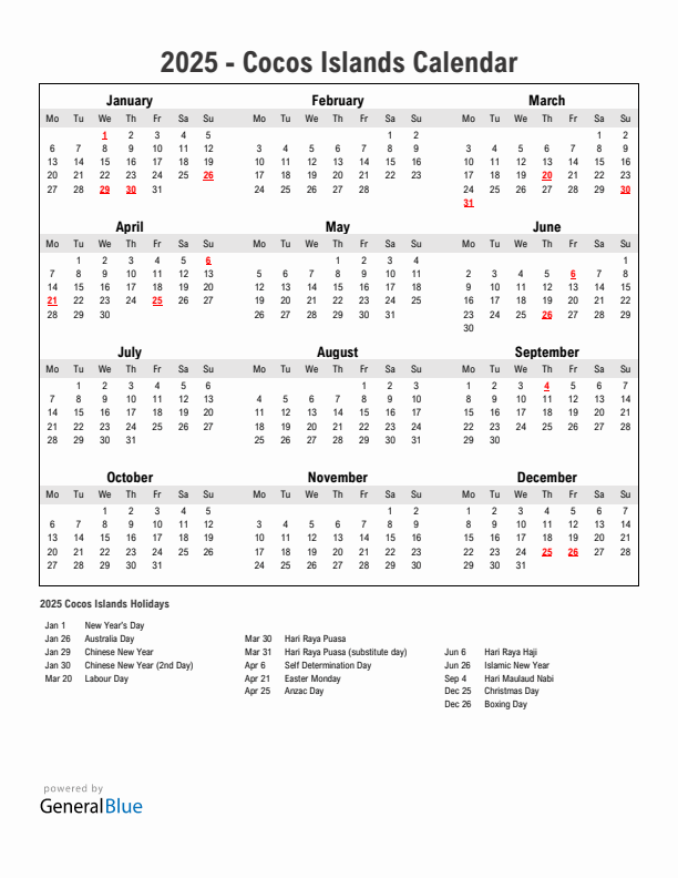 Year 2025 Simple Calendar With Holidays in Cocos Islands