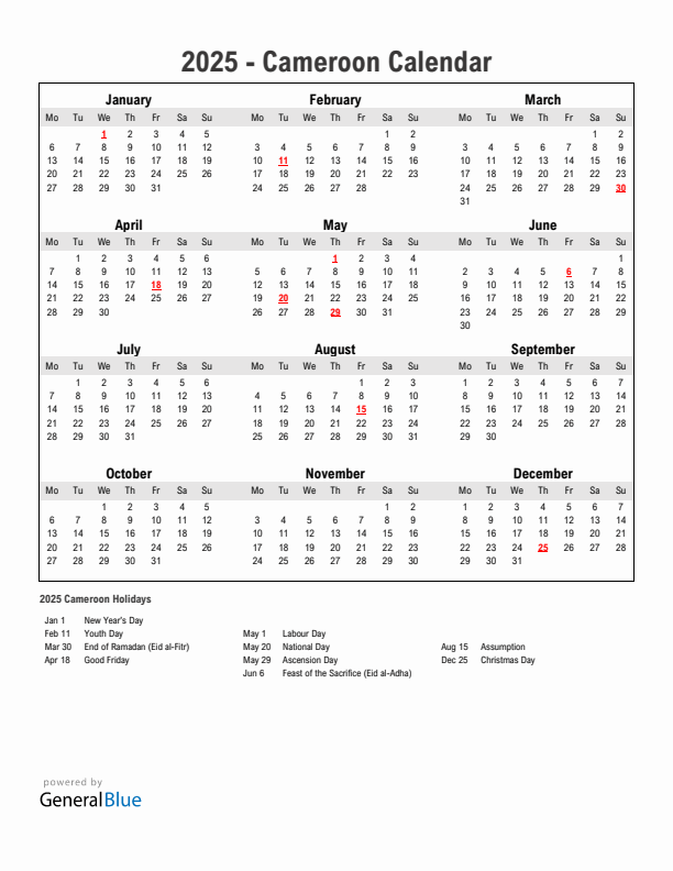 Year 2025 Simple Calendar With Holidays in Cameroon