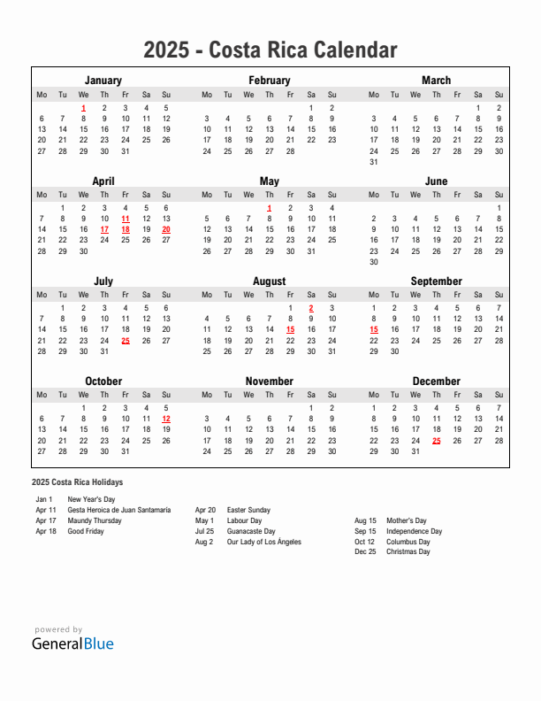 Year 2025 Simple Calendar With Holidays in Costa Rica