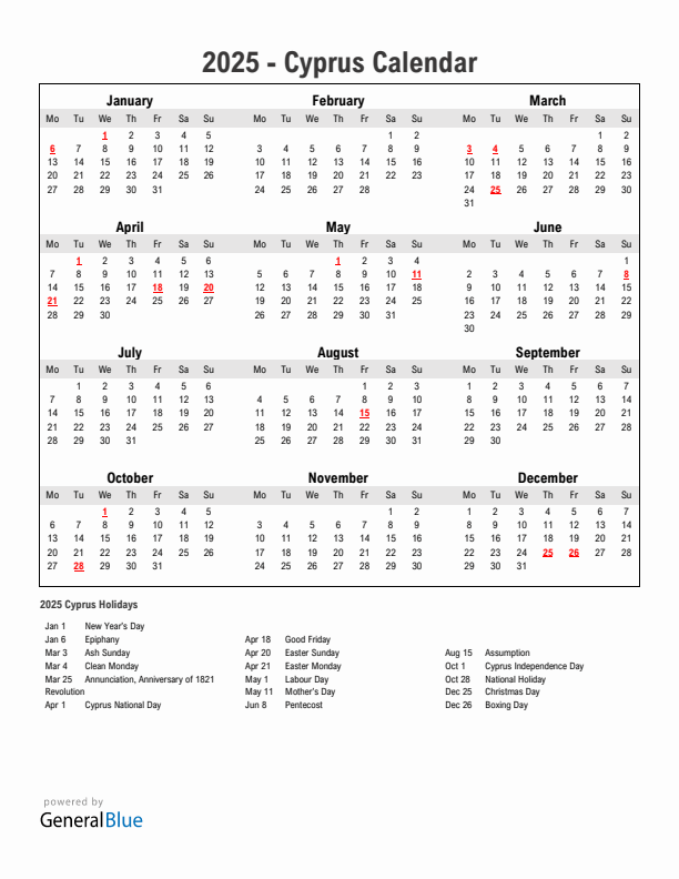 Year 2025 Simple Calendar With Holidays in Cyprus