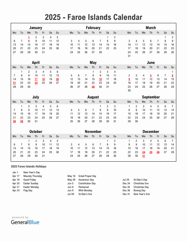 Year 2025 Simple Calendar With Holidays in Faroe Islands