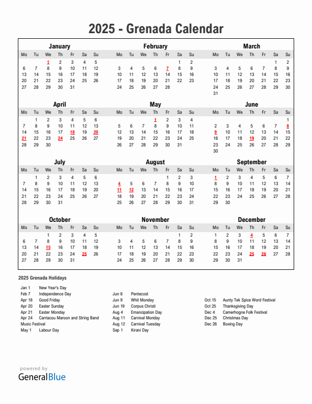 Year 2025 Simple Calendar With Holidays in Grenada