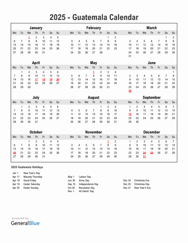 Year 2025 Simple Calendar With Holidays in Guatemala