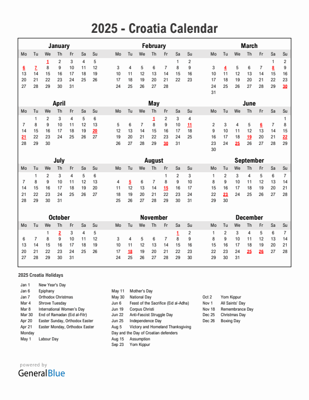 Year 2025 Simple Calendar With Holidays in Croatia