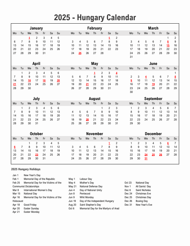 Year 2025 Simple Calendar With Holidays in Hungary