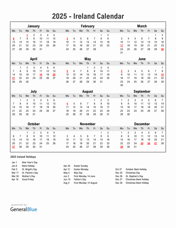 Year 2025 Simple Calendar With Holidays in Ireland