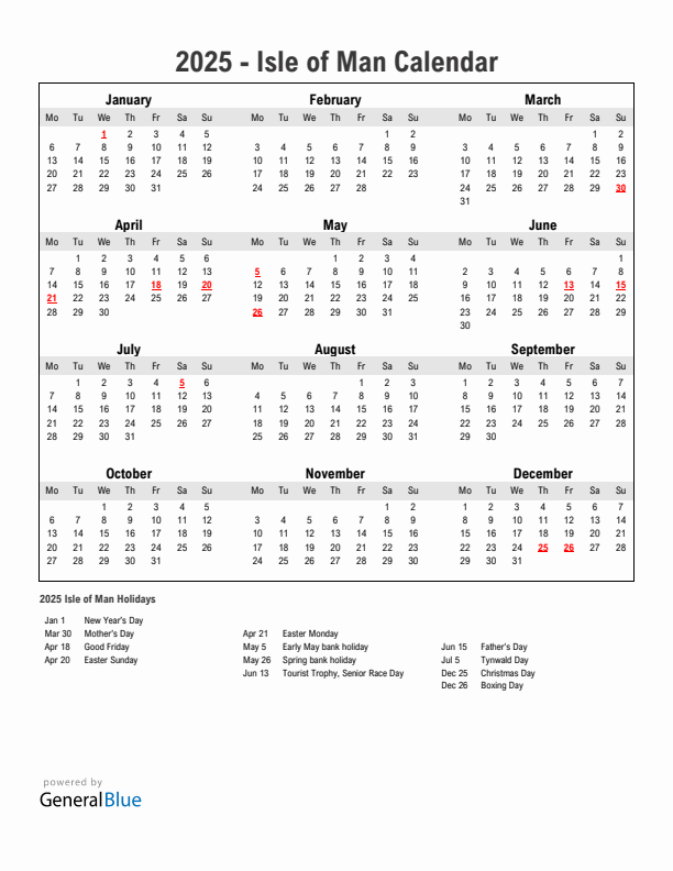 Year 2025 Simple Calendar With Holidays in Isle of Man