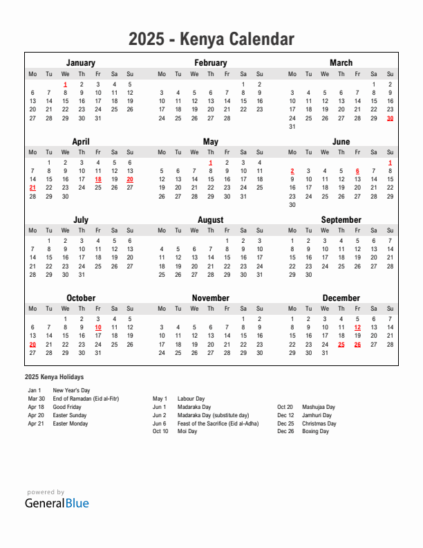 Year 2025 Simple Calendar With Holidays in Kenya