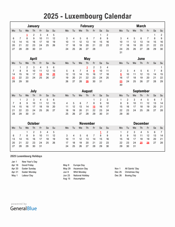 Year 2025 Simple Calendar With Holidays in Luxembourg