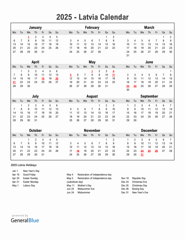 Year 2025 Simple Calendar With Holidays in Latvia