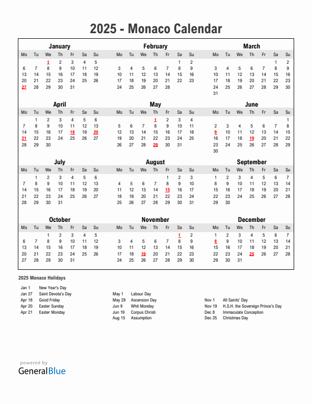 Year 2025 Simple Calendar With Holidays in Monaco