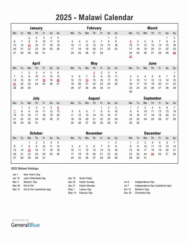 Year 2025 Simple Calendar With Holidays in Malawi