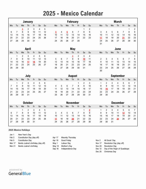 Year 2025 Simple Calendar With Holidays in Mexico