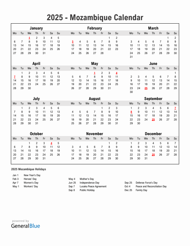 Year 2025 Simple Calendar With Holidays in Mozambique