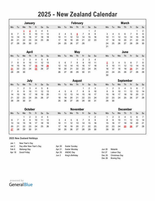 Year 2025 Simple Calendar With Holidays in New Zealand