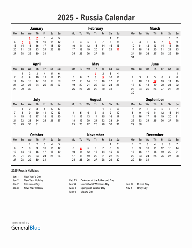 Year 2025 Simple Calendar With Holidays in Russia