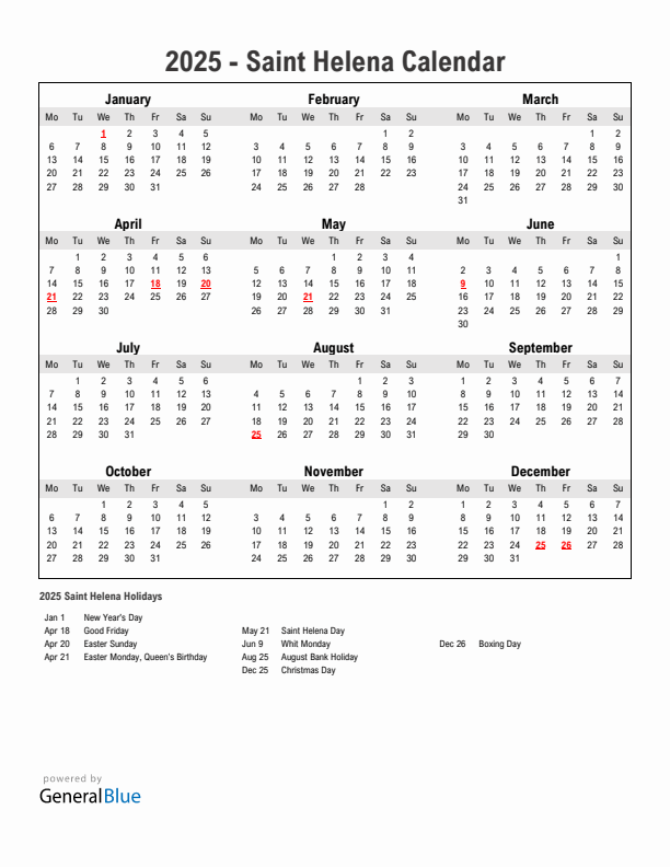 Year 2025 Simple Calendar With Holidays in Saint Helena