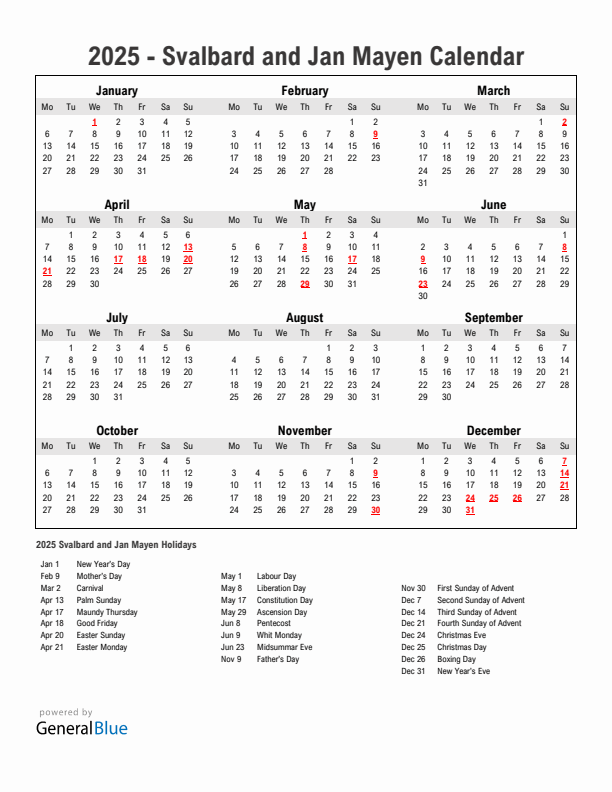 Year 2025 Simple Calendar With Holidays in Svalbard and Jan Mayen