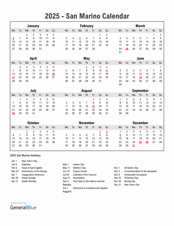 Year 2025 Simple Calendar With Holidays in San Marino