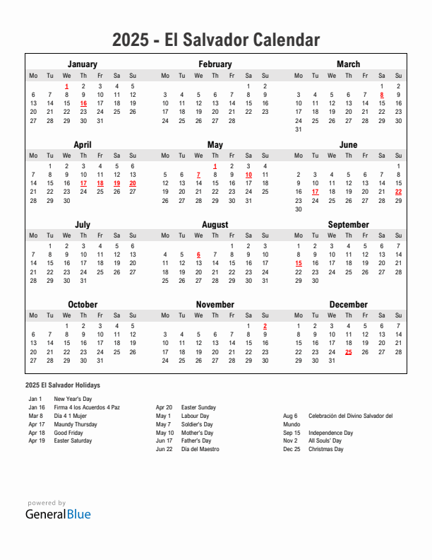 Year 2025 Simple Calendar With Holidays in El Salvador