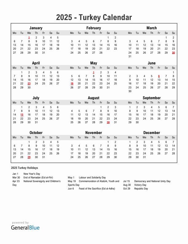 Year 2025 Simple Calendar With Holidays in Turkey