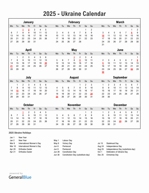 Year 2025 Simple Calendar With Holidays in Ukraine