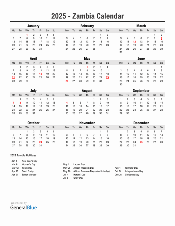 Year 2025 Simple Calendar With Holidays in Zambia