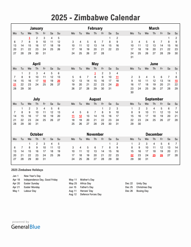 Year 2025 Simple Calendar With Holidays in Zimbabwe