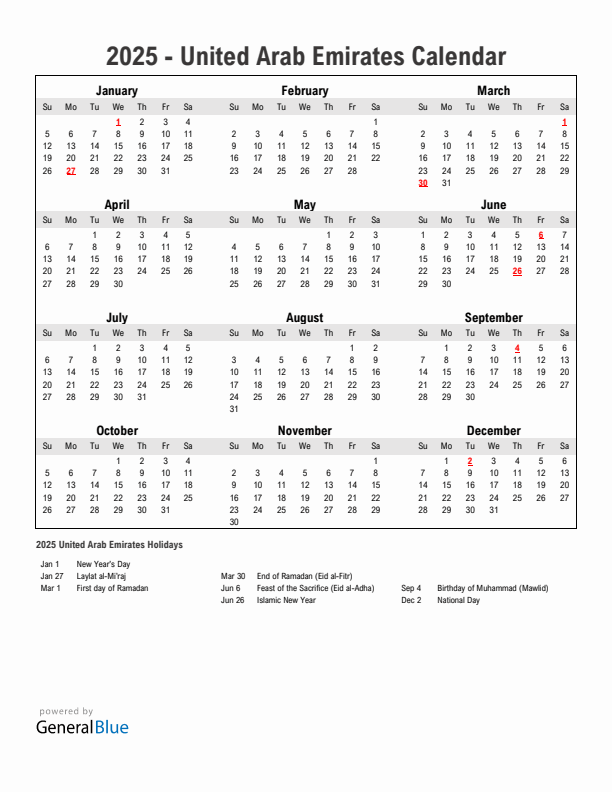 Year 2025 Simple Calendar With Holidays in United Arab Emirates