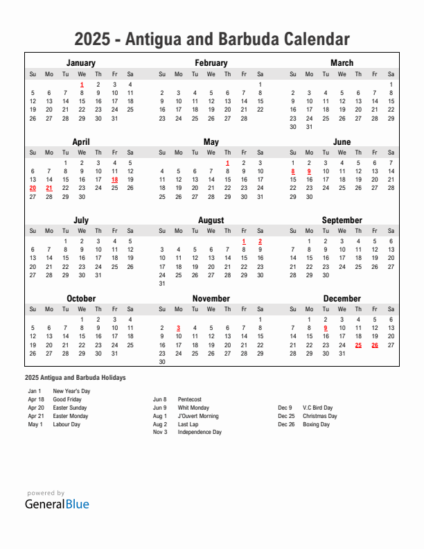 Year 2025 Simple Calendar With Holidays in Antigua and Barbuda