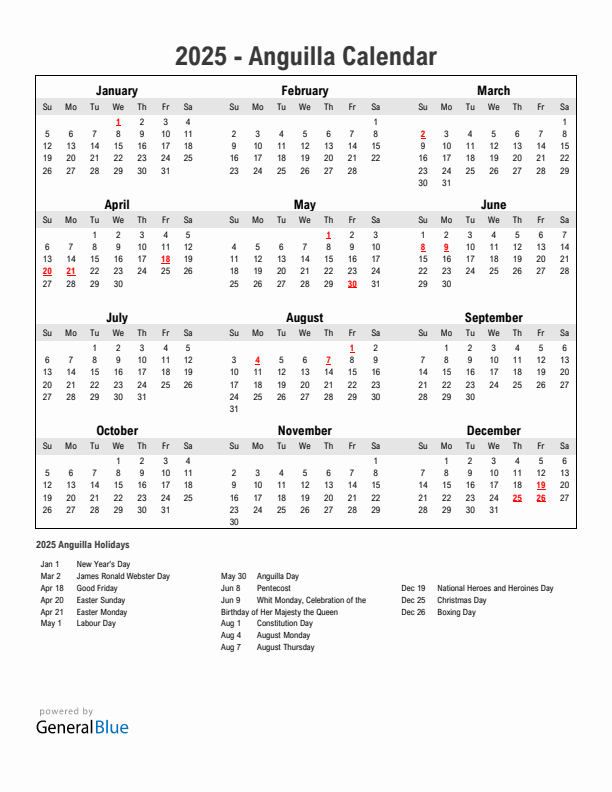 Year 2025 Simple Calendar With Holidays in Anguilla