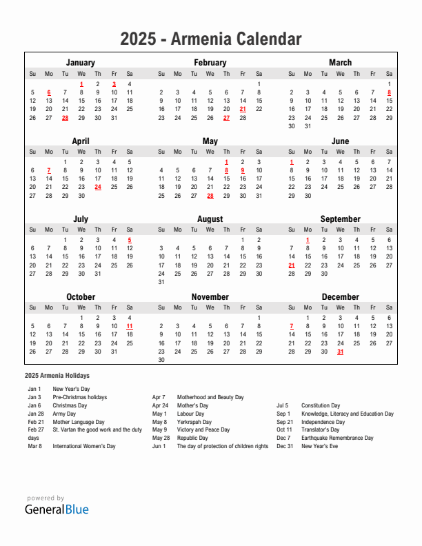 Year 2025 Simple Calendar With Holidays in Armenia