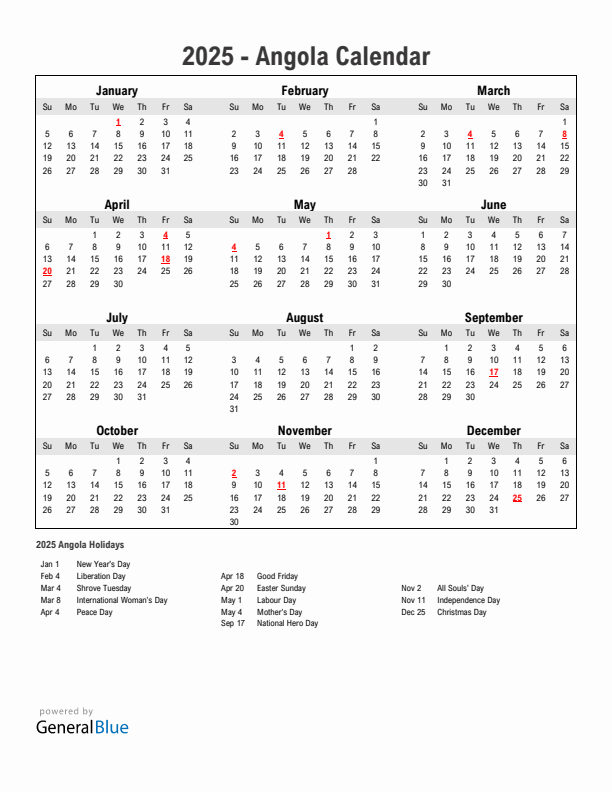 Year 2025 Simple Calendar With Holidays in Angola