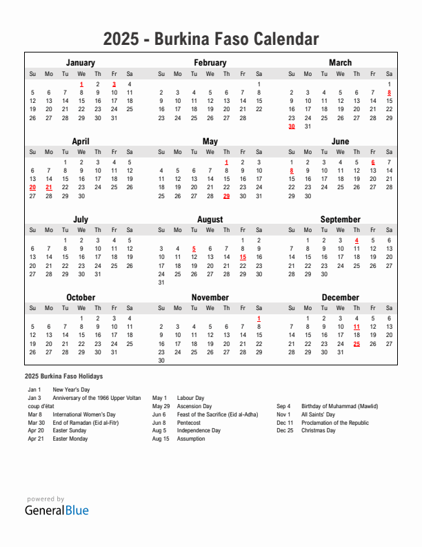 Year 2025 Simple Calendar With Holidays in Burkina Faso