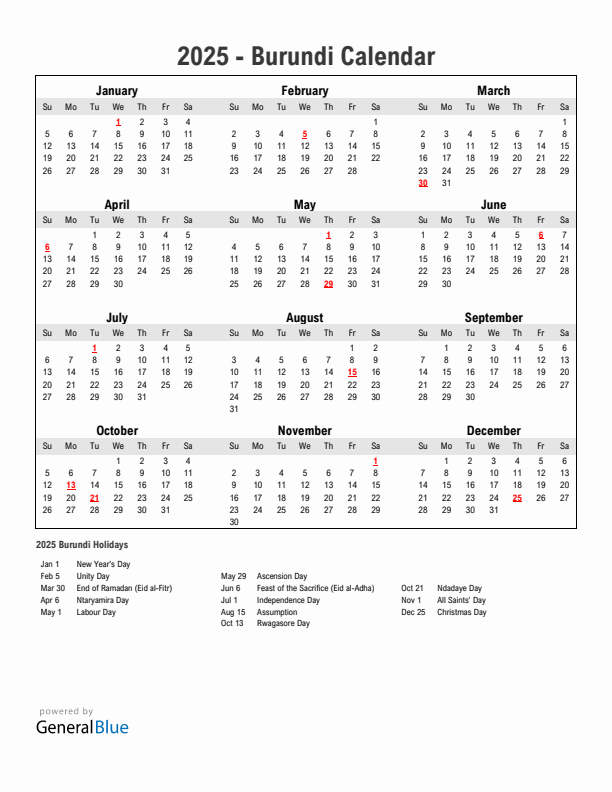 Year 2025 Simple Calendar With Holidays in Burundi