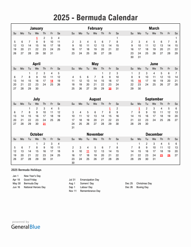 Year 2025 Simple Calendar With Holidays in Bermuda