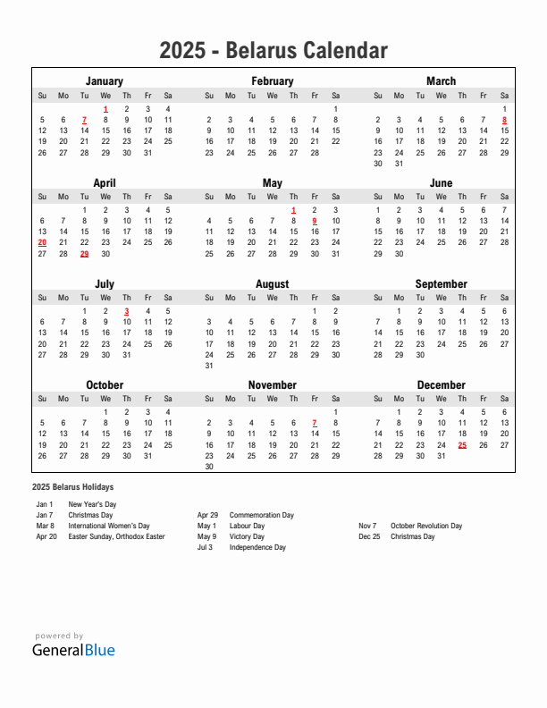 Year 2025 Simple Calendar With Holidays in Belarus