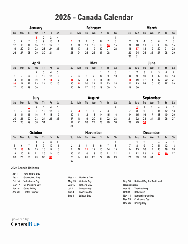 Year 2025 Simple Calendar With Holidays in Canada